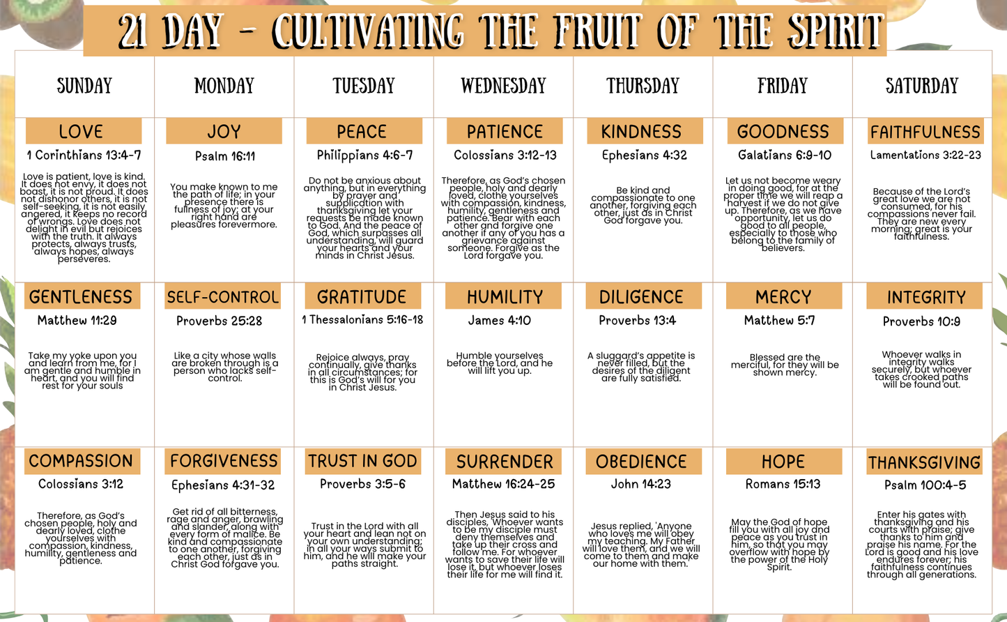 Fruit of the Spirit 21 day calendar